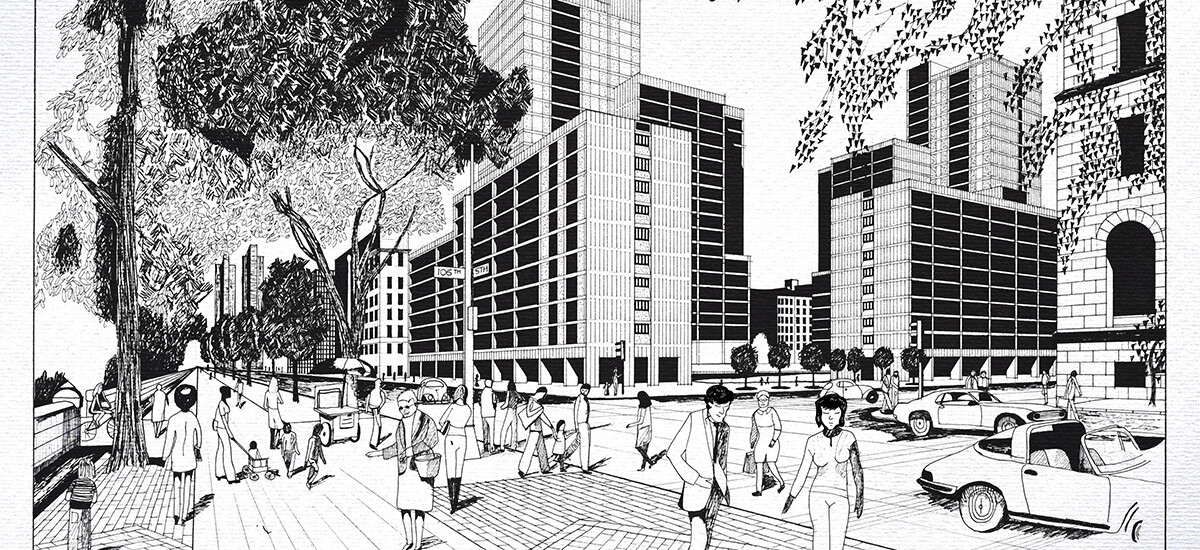 Rendering of City Street Intersection. This pen and ink perspective rendering of a city street intersection was drawn by the architectural draftsman of Placez & Spacez, when he was a student at Sydney TAFE in 1982