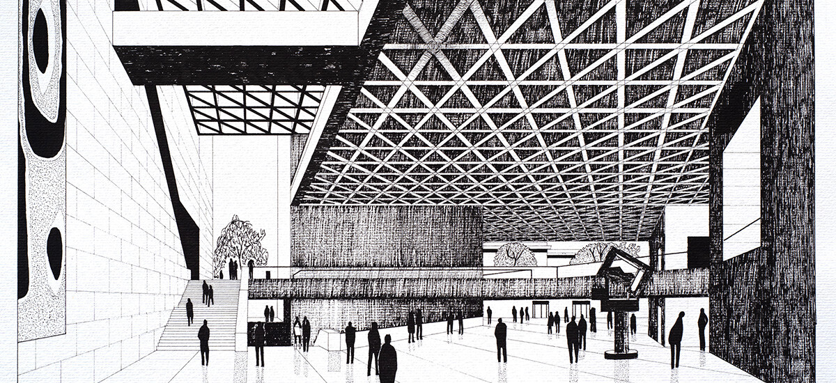 Rendering of City Building InteriorThis pen and ink perspective rendering of a public city building foyer was drawn by the architectural draftsman of Placez & Spacez, when he was a student at Sydney TAFE in 1982.