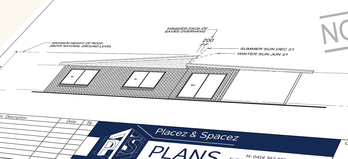 Sketch Design for New Granny Flat-Elevation View With Passive Solar Feature. This sketch design for a new Granny Flat shows a main side elevation view with schematic concept of a passive solar design feature where the eave overhang is designed for winter warming