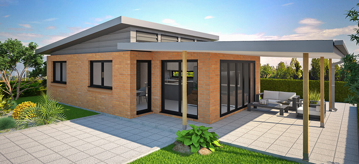 This 3D photorealistic render shows off a brick veneer granny flat, custom-designed for a client that needed an extra income. It is a contemporary style, with passive solar design features.