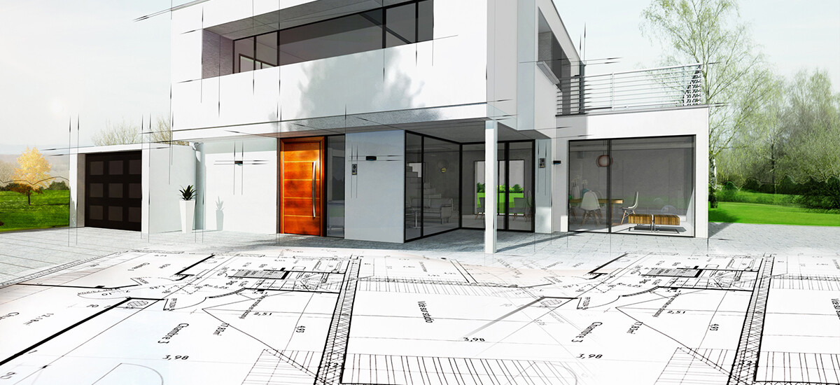 Set of architectural floor plans merged and aligned with a 3D Rendering of a two-storey house in perspective view, overlaid over photograph of landscaped garden