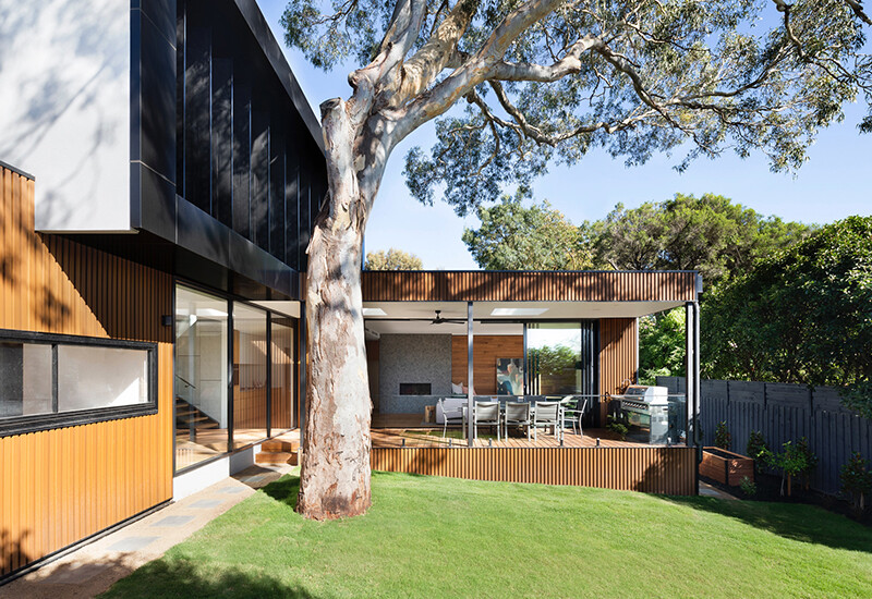 Exterior view of two storey contemporary style home with outdoor covered deck on ground floor, alfresco area, and green grass lawn and large gum tree