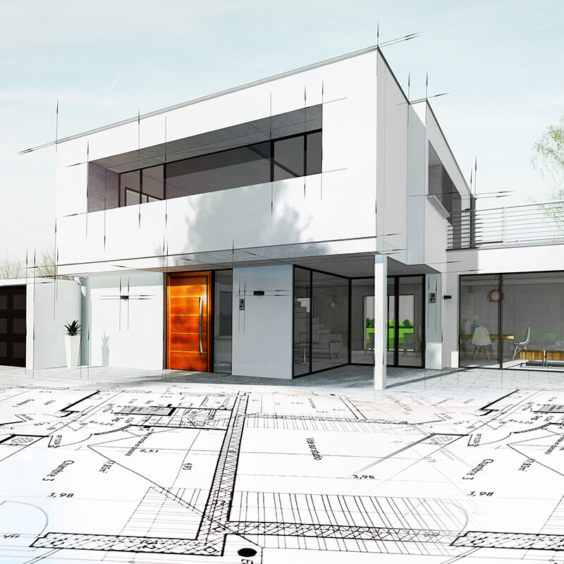 Perspective Rendering with Plans in Foreground. All the ideas and requests by the client are sketched until a workable solution is found. This is drawn on AutoCAD for the first set of simple design sketches for the client to view.